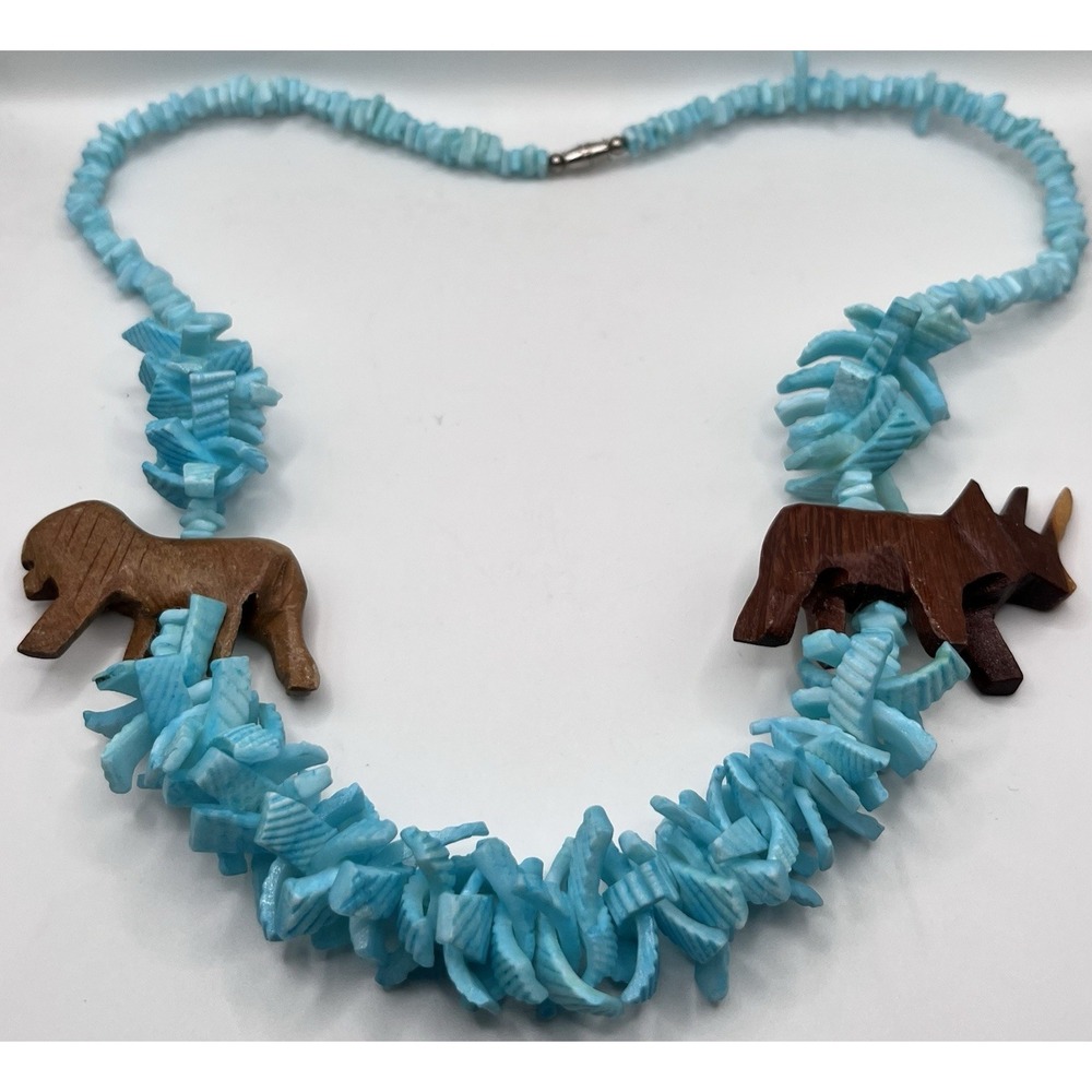 Vintage Safari Animal Carved Wood Shell Fetish Necklace 24" Barrel Clasp